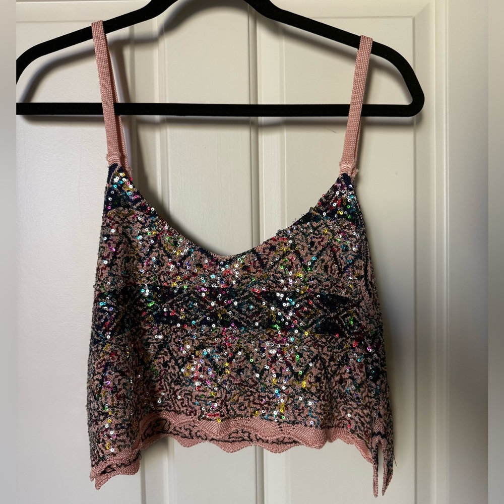 Free People Twilight Rose Combo Tank Sequin Crop Camisole in Pink and Blue XS - Picture 2 of 5